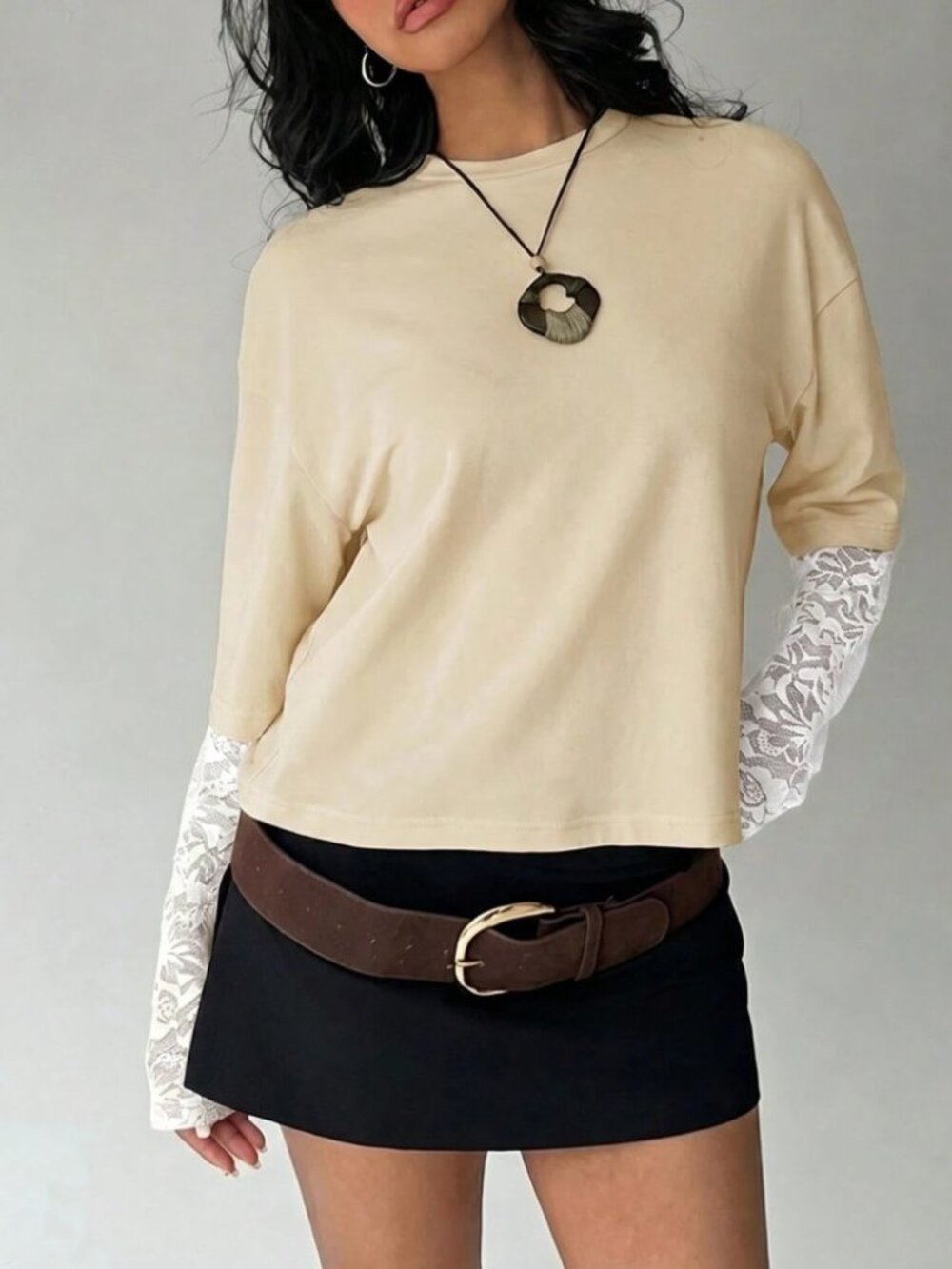 Cream T-Shirt with Lace Contrast Sleeves
